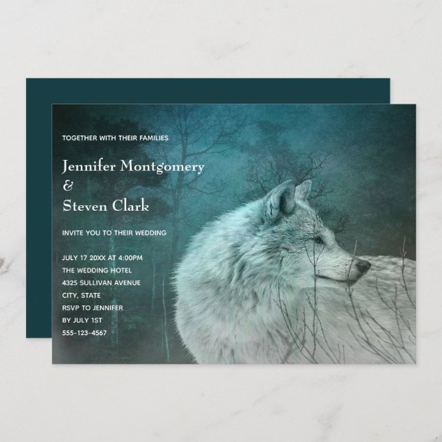 Invitation Beau loup gris dans un Mariage de forêt foncée (Devant / Derrière)