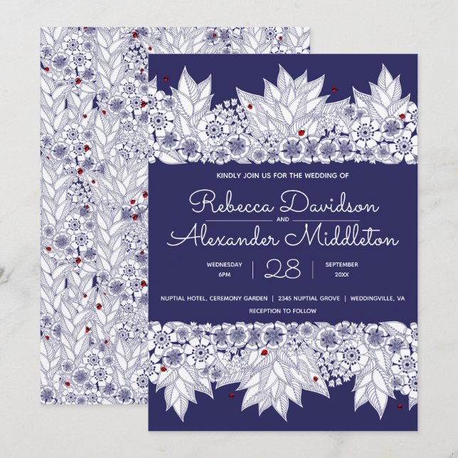 Invitation Beau Mariage bleu et blanc (Devant / Derrière)