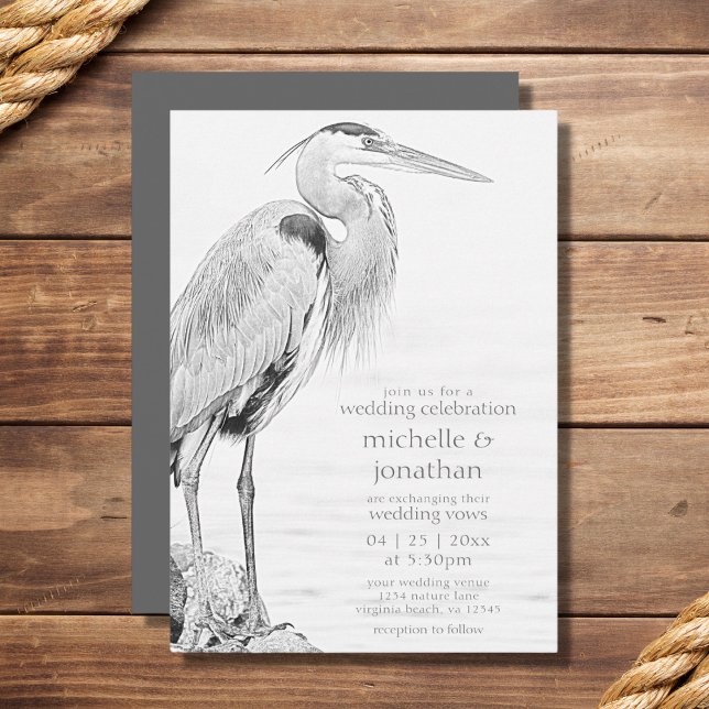 Invitation Beau Mariage de croquis d'oiseaux d'eau de Héron b (Créateur téléchargé)