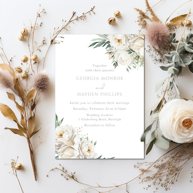 Invitation Beau Mariage de feuille d'âge et de fleurs blanche (Créateur téléchargé)