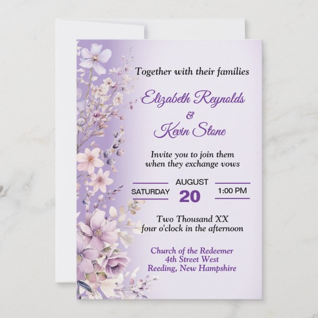Invitation Beau Mariage de fleurs violettes (Devant)