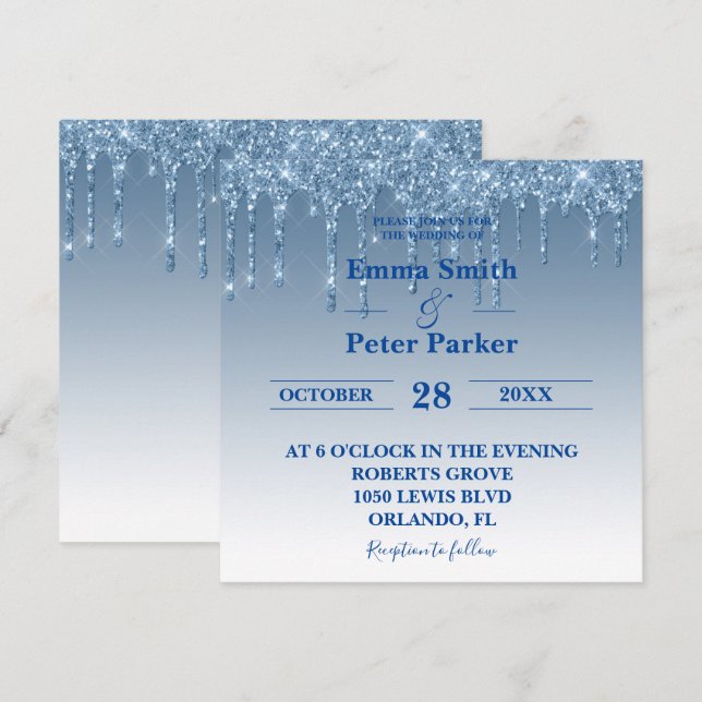 Invitation Beau Mariage de Parties scintillant à goutte bleue (Devant / Derrière)