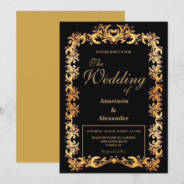 Invitation Beau Mariage de trame doré personnalisé (Devant / Derrière)