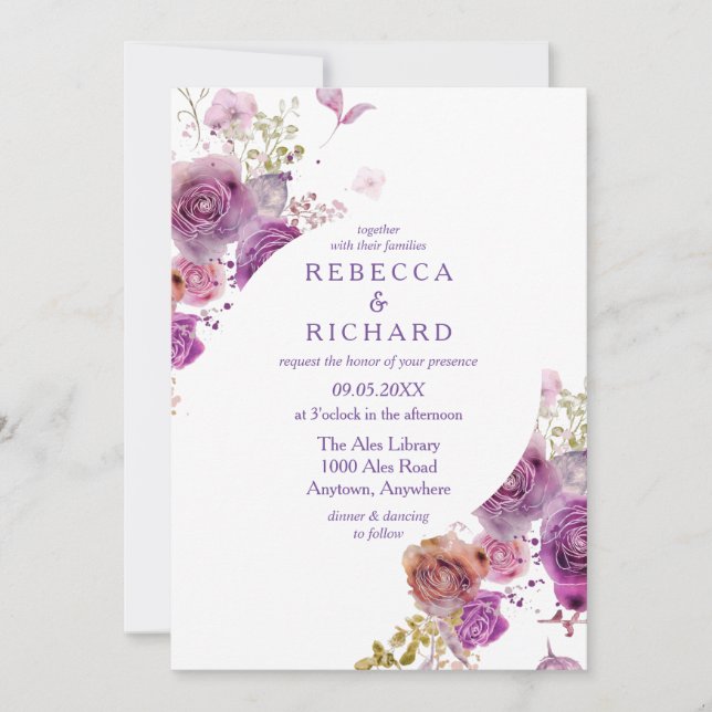 Invitation Beau Mariage d'élégance florale violet (Devant)