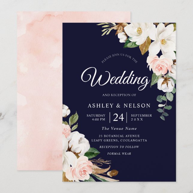 Invitation Beau Mariage floral blanc et flou florissant (Devant / Derrière)