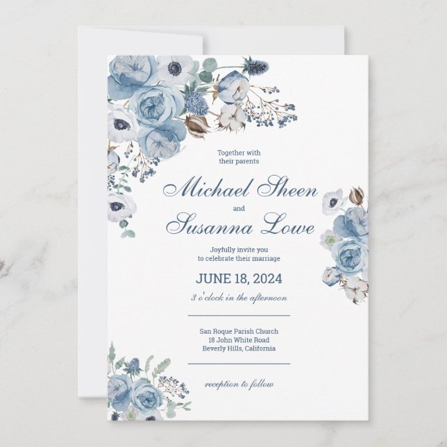 Invitation Beau Mariage Floral Bleu (Devant)