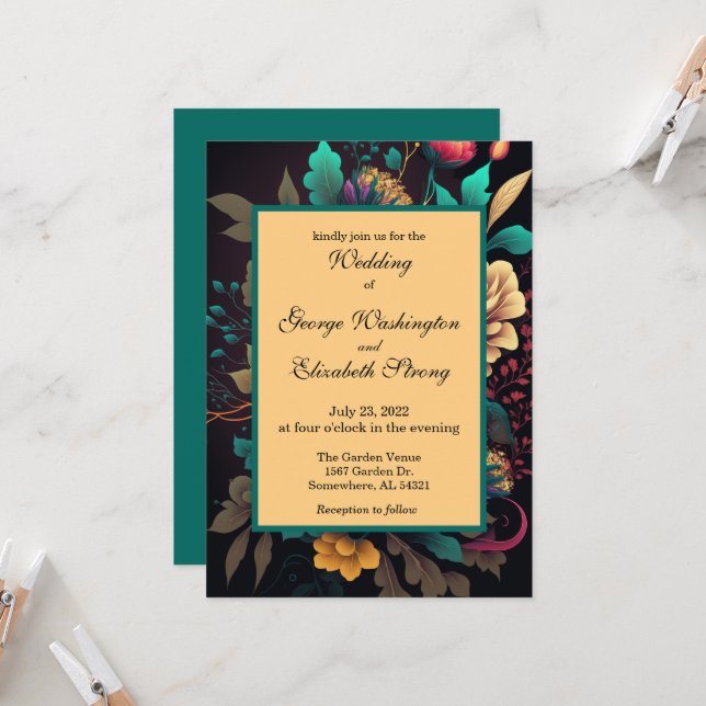 Invitation Beau Mariage floral brillant (Devant/Arrière en situation)
