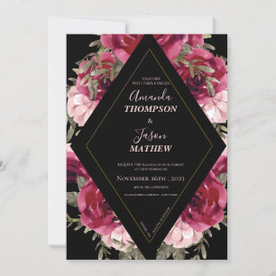 Invitation Beau Mariage floral noir Bourgogne rose