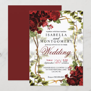 Invitation Beau Mariage floral rouge foncé