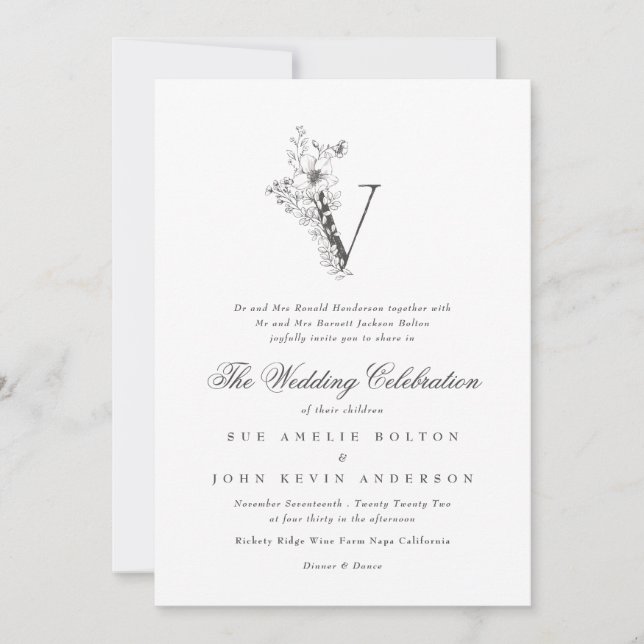 Invitation Beau Mariage floral 'V' Monogramme (Devant)