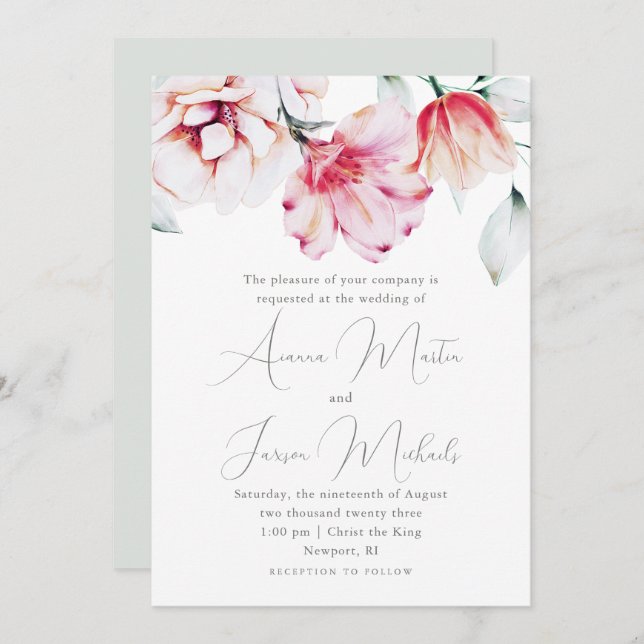 Invitation Beau Mariage Floral Vert (Devant / Derrière)