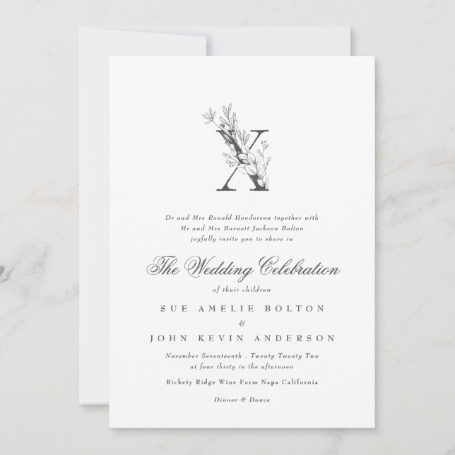 Invitation Beau Mariage floral 'X' Monogramme (Devant)