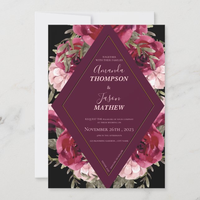 Invitation Beau noir Bourgogne bleu rose Mariage floral (Devant)
