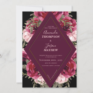 Invitation Beau noir Bourgogne bleu rose Mariage floral