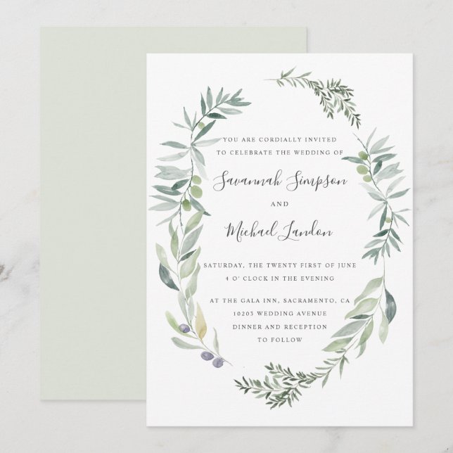 Invitation Beau Olive et mariage de couronne feuille (Devant / Derrière)