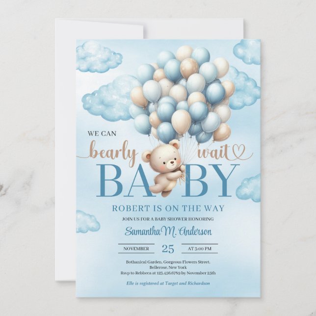Invitation Beau ours en peluche avec ballons bleu et ivoire (Devant)