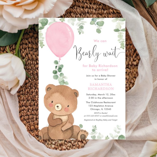 Invitation Beau ours rose ballon vert verdure fille baby show (Créateur téléchargé)
