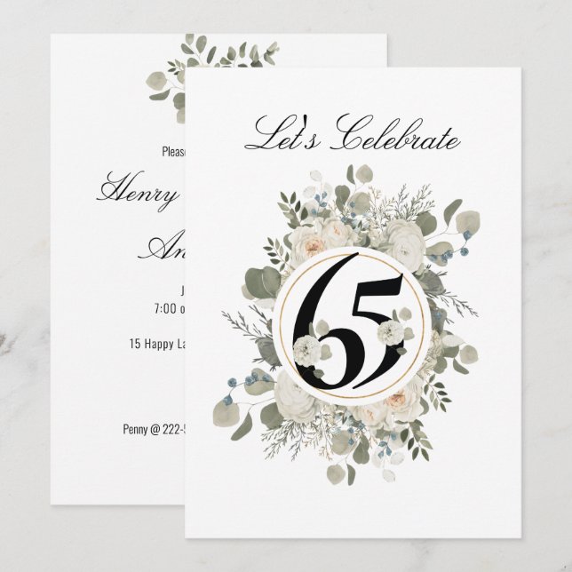 Invitation Beau Pastel Floral 65e ANNIVERSAIRE (Devant / Derrière)