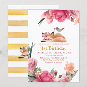Invitation Beau renard doré et fleurs 1er anniversaire