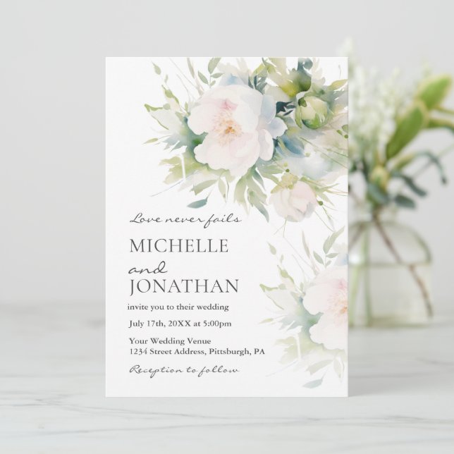 Invitation Beau Romantique Blanc Floral Mariage chrétien (Debout devant)