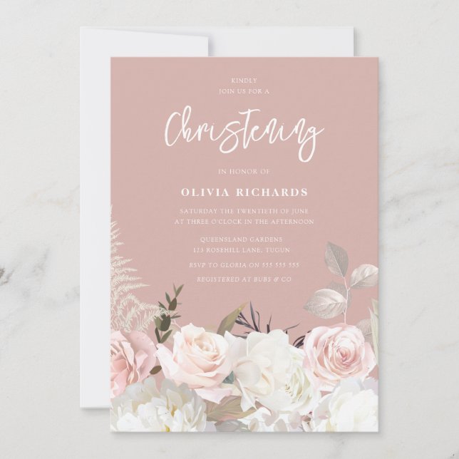 Invitation Beau Rose botanique Baptême Christening (Devant)