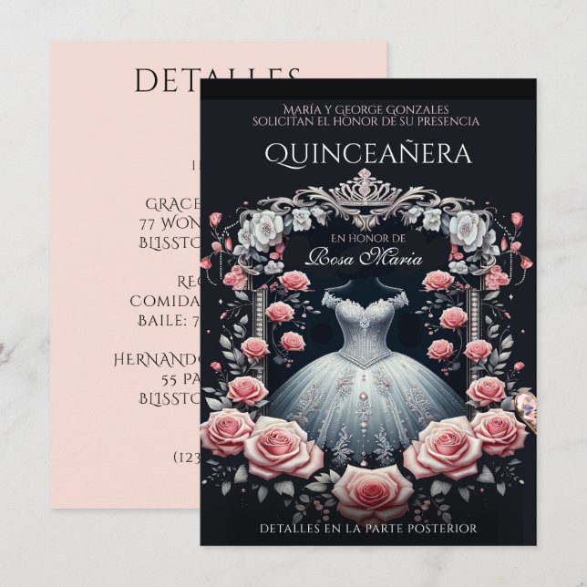 Invitation Beau Rose espagnol Quinceañera (Devant / Derrière)