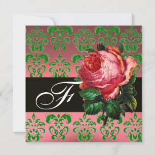 INVITATION BEAU ROSE ROSE VERT NOIR ROSE DAMASK MONOGRAM