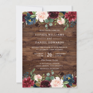 Invitation Beau Rustique Bourgogne Blush Floral Mariage