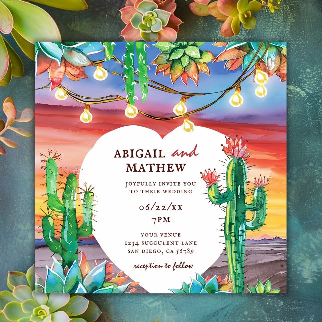 Invitation Beau succulent Cactus Sunset Mariage de coeur (Créateur téléchargé)
