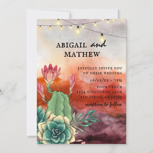 Invitation Beau Succulent Sunset Heart Mariage géométrique (Devant)
