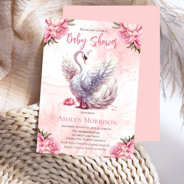 Invitation Beau Swan rose Floral Baby shower fille (Beautiful Swan Pink Floral Girl Baby Shower Invitation)