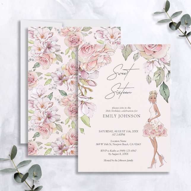 Invitation Beau Sweet sixteen Rose Rose Floral Anniversaire (Créateur téléchargé)
