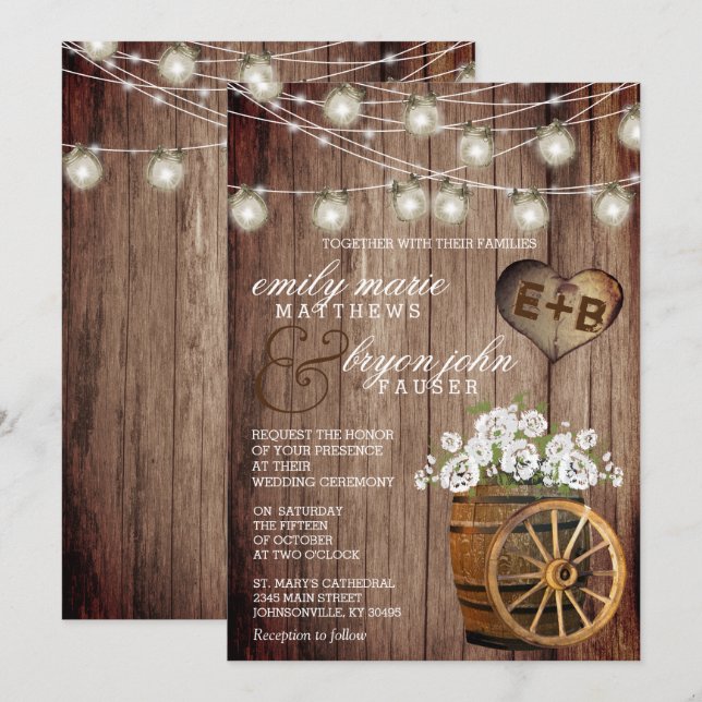 Invitation Beau tonneau en bois rustique et fleurs blanches  (Devant / Derrière)