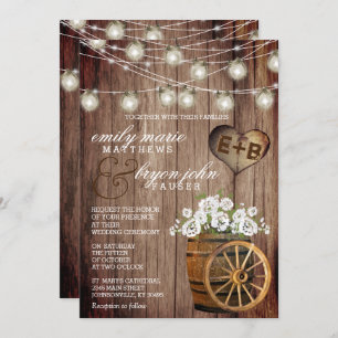 Invitation Beau tonneau en bois rustique et fleurs blanches