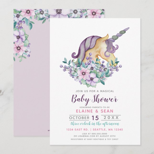 Invitation Beau Unicorne violet Baby shower Floral Girls (Devant / Derrière)