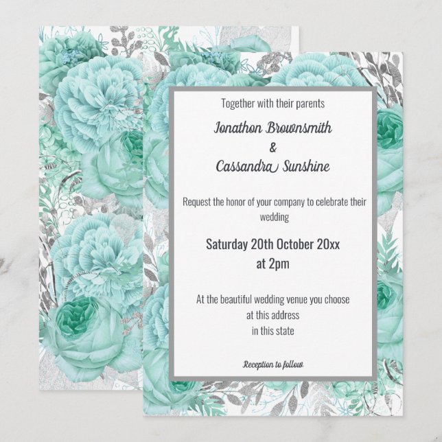 INVITATION BEAUCOUP DE FLORAUX JOLIMENT AQUA ARGENT MARIAGE B (Devant / Derrière)