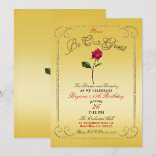 Invitation Beauté de rose rouge en or jaune pour fête d'anniv