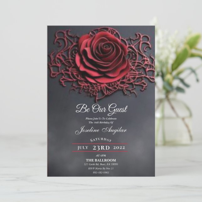 Invitation Beauté et la bête gothique Rose rouge douce 16 (Debout devant)