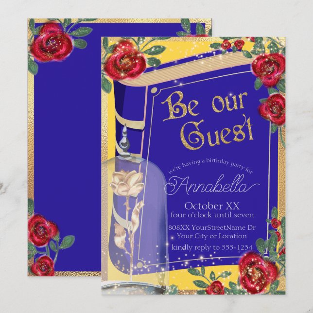 Invitation Beauté glamour et fée de la bête Conte Jaune (Devant / Derrière)