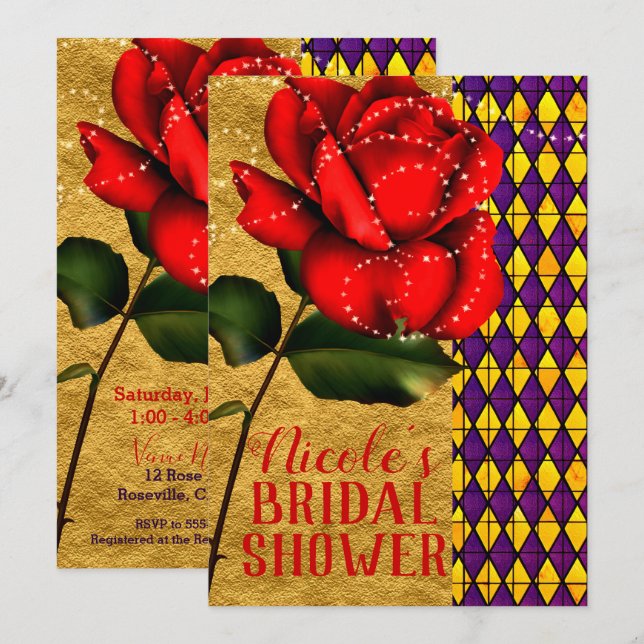 Invitation Beauté & La Beast Red Sparkle Rose Fête des mariée (Devant / Derrière)