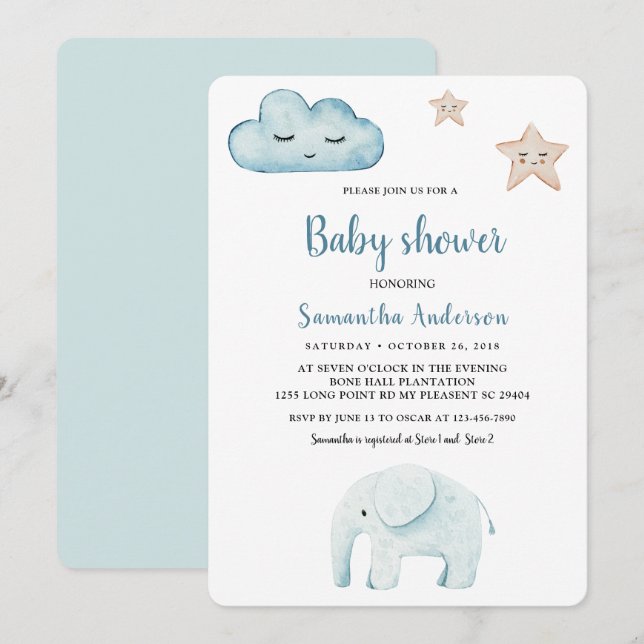 Invitation Beauté Pastel Blue Elephant (Devant / Derrière)