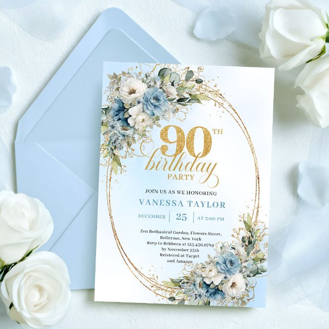 Invitation Beautiful Boho Dusty Blue White Flowers 90th Bday (Beautiful Boho Dusty Blue White Flowers 90th Birthday)
