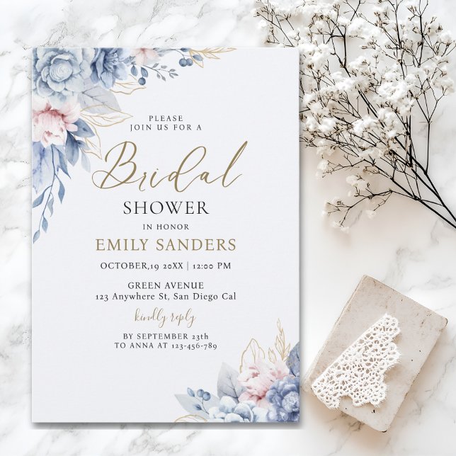Invitation Beautiful Bridal Shower with Flowers Blue Tones (Créateur téléchargé)