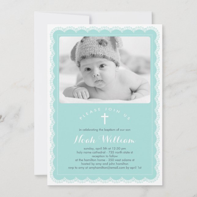 Invitation Beautiful Lace Baptism Invite Blue (Devant)