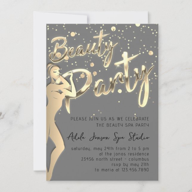 Invitation Beauty Body Party Instantané Télécharger Gold Grey (Devant)