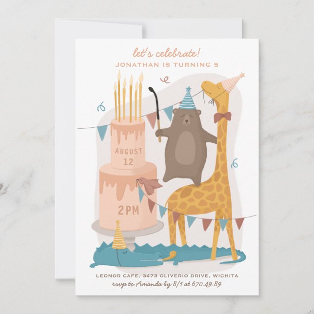 Invitation Beaux animaux amusants : girafe d'ours. Anniversai (Devant)