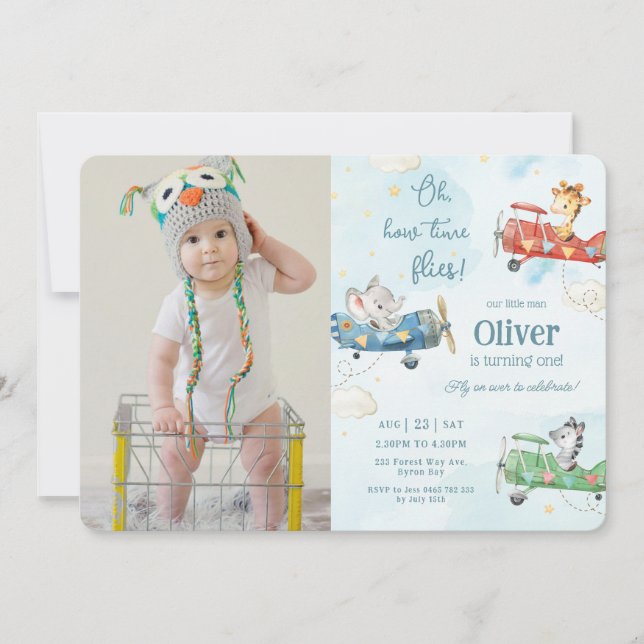 Invitation Beaux Animaux Avion Aventure Temps Vols Anniversai (Devant)