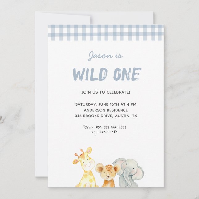 Invitation Beaux animaux d'aquarelle sauvage un Garçon Annive (Devant)