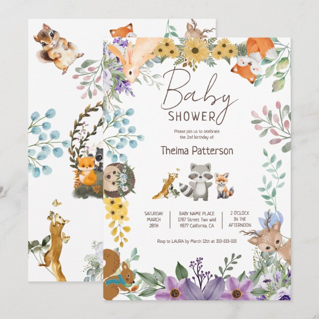 Invitation Beaux animaux de la forêt baby shower des bois (Devant / Derrière)