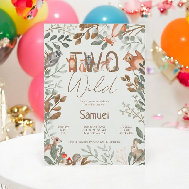Invitation Beaux animaux de la forêt de verdure forêt bois 2e (Cute greenery forest animals woodland 2nd birthday invitation)